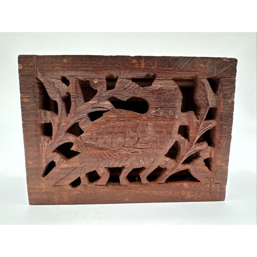 Vintage Carved Bird Wooden Hinged Trinket Jewelry Box Made in India